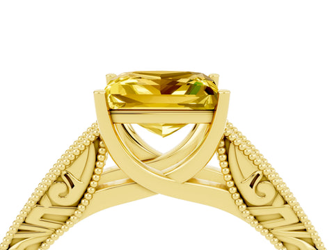 Yellow gold Princess Cut Yellow Sapphire Solitaire Ring with Engraved Band and Four-Prong Setting_4