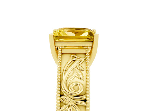 Yellow gold Princess Cut Yellow Sapphire Solitaire Ring with Engraved Band and Four-Prong Setting_5