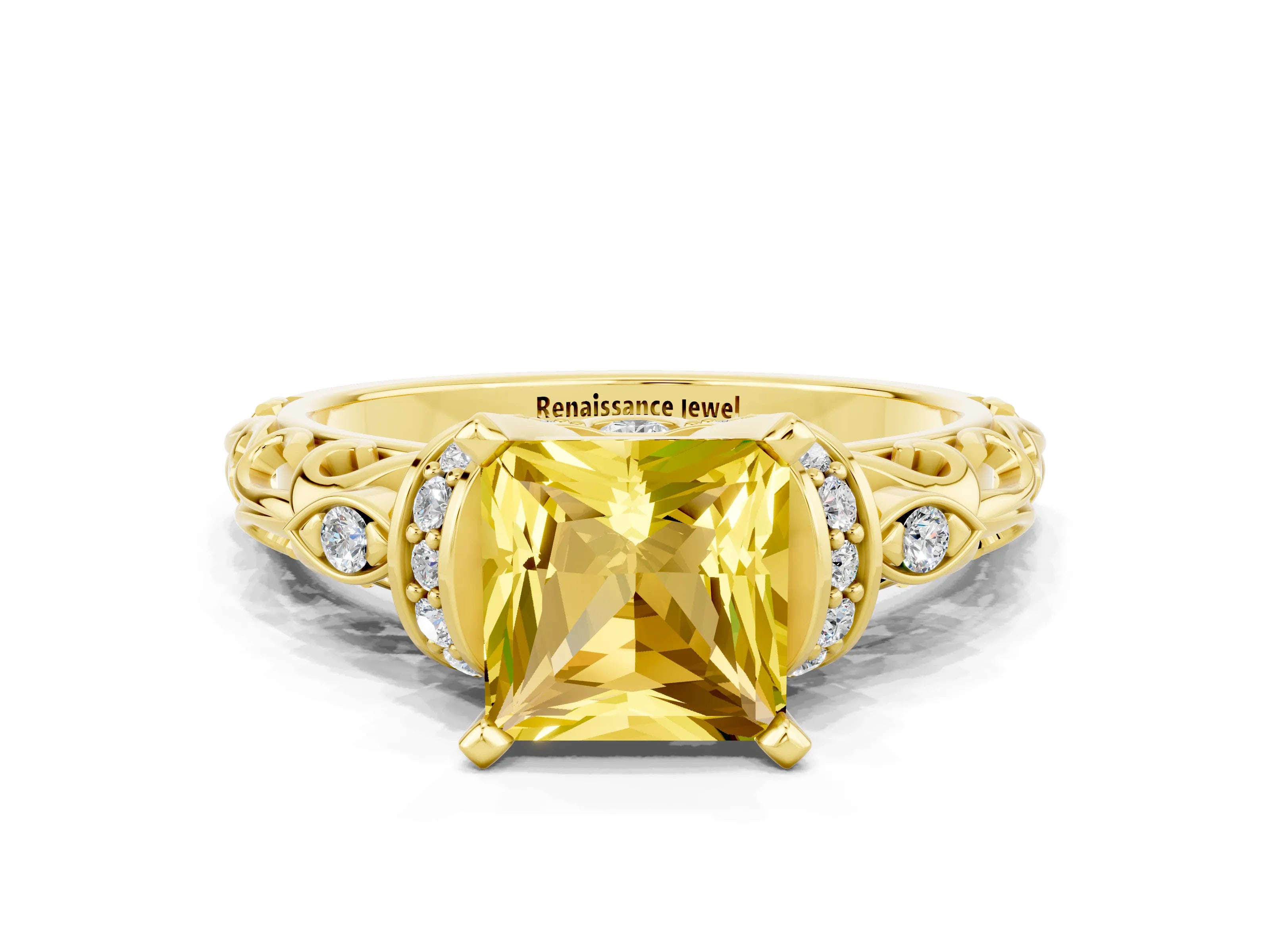 Yellow gold Princess Cut Yellow Sapphire Solitaire Ring with Filigree Band and Four-Prong Setting_48