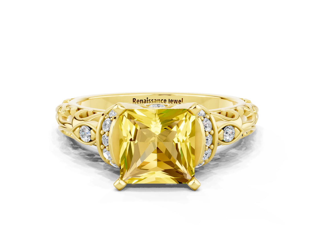 Yellow gold Princess Cut Yellow Sapphire Solitaire Ring with Filigree Band and Four-Prong Setting_48