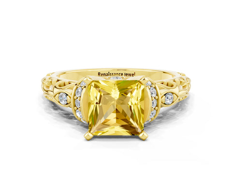 Yellow gold Princess Cut Yellow Sapphire Solitaire Ring with Filigree Band and Four-Prong Setting_48