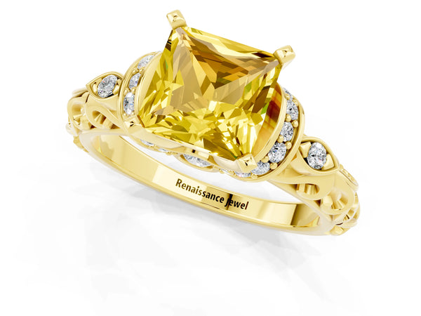 Yellow gold Princess Cut Yellow Sapphire Solitaire Ring with Filigree Band and Four-Prong Setting