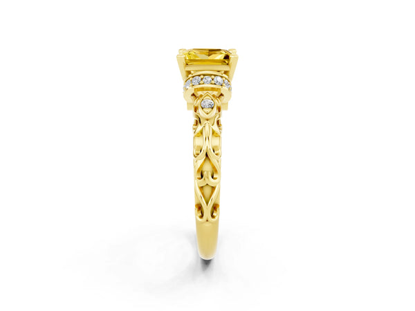 Yellow gold Princess Cut Yellow Sapphire Solitaire Ring with Filigree Band and Four-Prong Setting