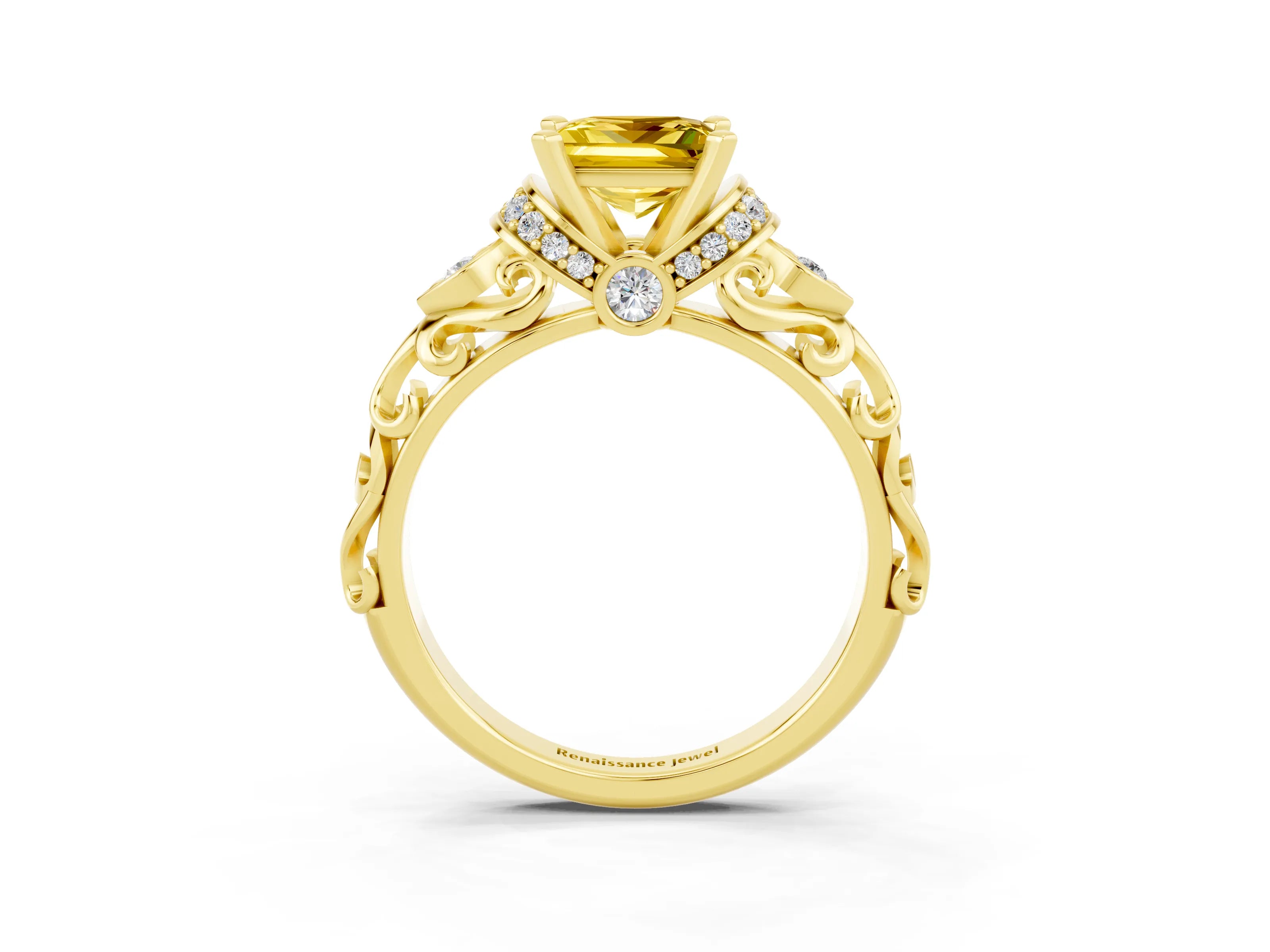 Yellow gold Princess Cut Yellow Sapphire Solitaire Ring with Filigree Band and Four-Prong Setting_51