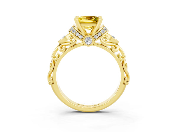 Yellow gold Princess Cut Yellow Sapphire Solitaire Ring with Filigree Band and Four-Prong Setting