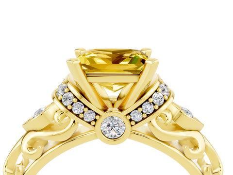 Yellow gold Princess Cut Yellow Sapphire Solitaire Ring with Filigree Band and Four-Prong Setting_52