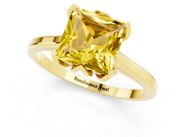 Yellow gold Princess Cut Yellow Sapphire Solitaire Ring with Flower Prong Setting and Classic Band