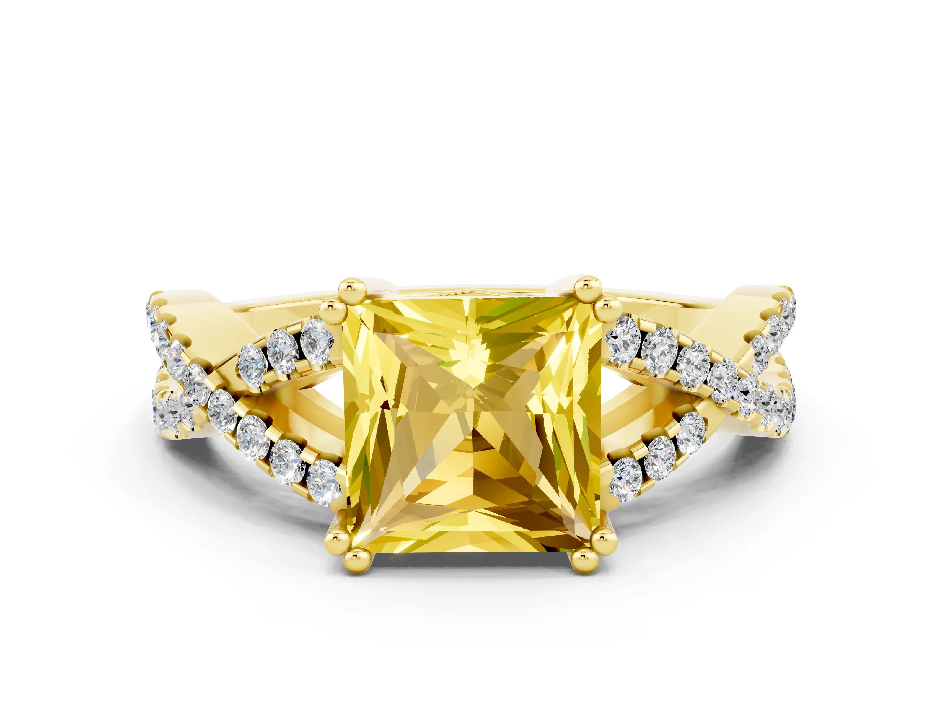 Yellow gold Princess Cut Yellow Sapphire Solitaire Ring with Four-Prong Setting and Twisted Pavé Band_12