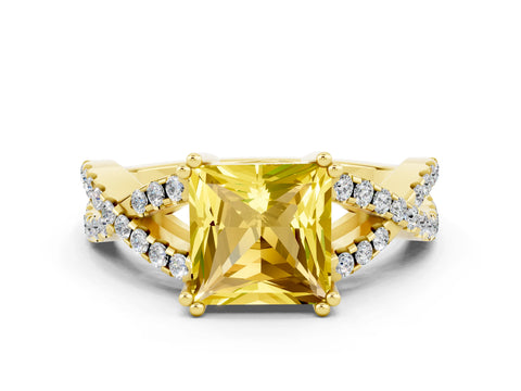 Yellow gold Princess Cut Yellow Sapphire Solitaire Ring with Four-Prong Setting and Twisted Pavé Band_12