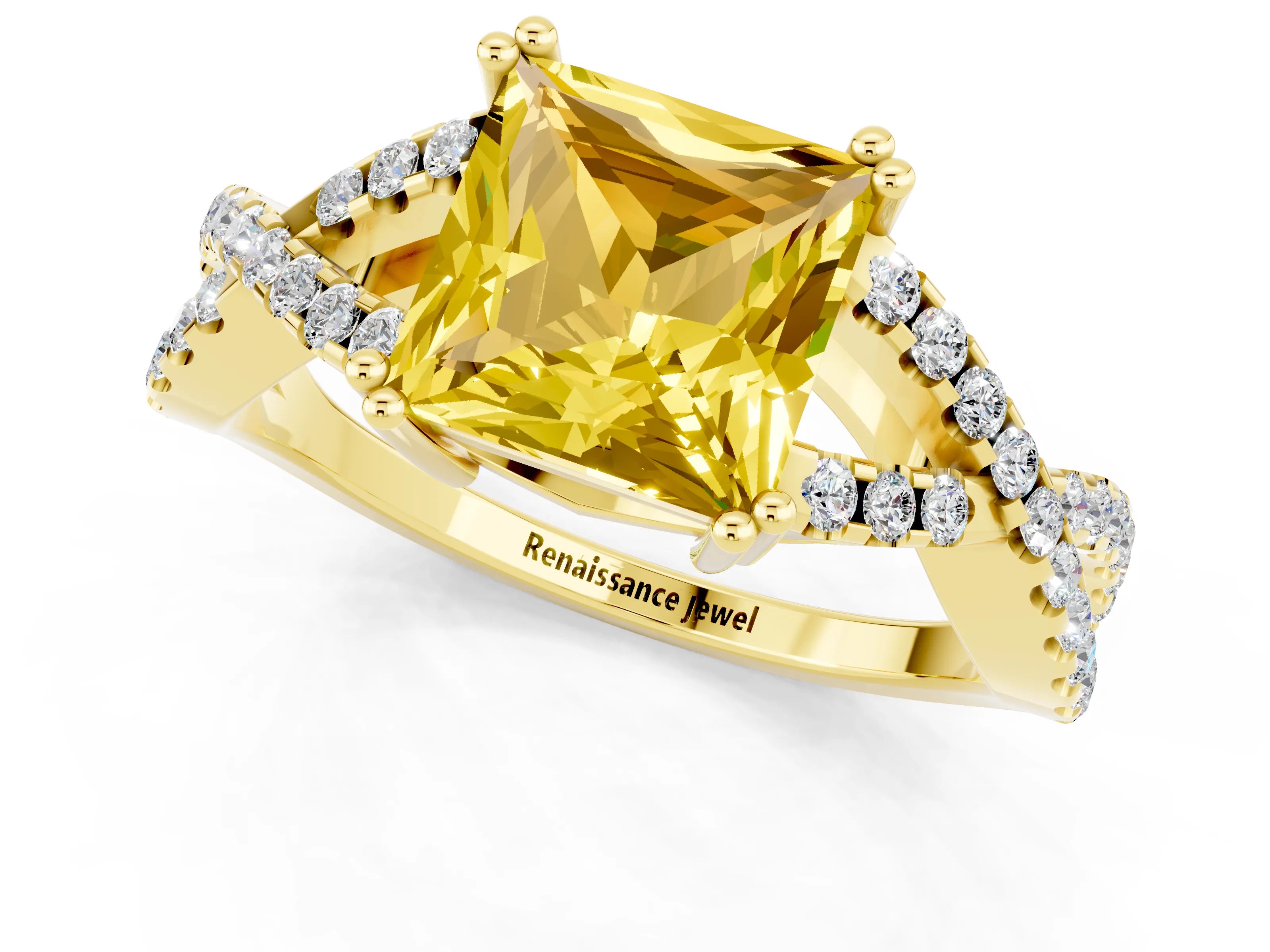 Yellow gold Princess Cut Yellow Sapphire Solitaire Ring with Four-Prong Setting and Twisted Pavé Band_13