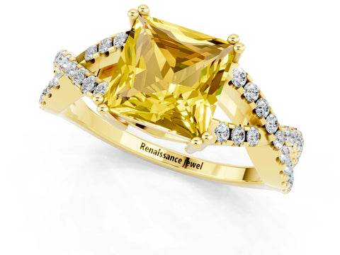 Yellow gold Princess Cut Yellow Sapphire Solitaire Ring with Four-Prong Setting and Twisted Pavé Band_13