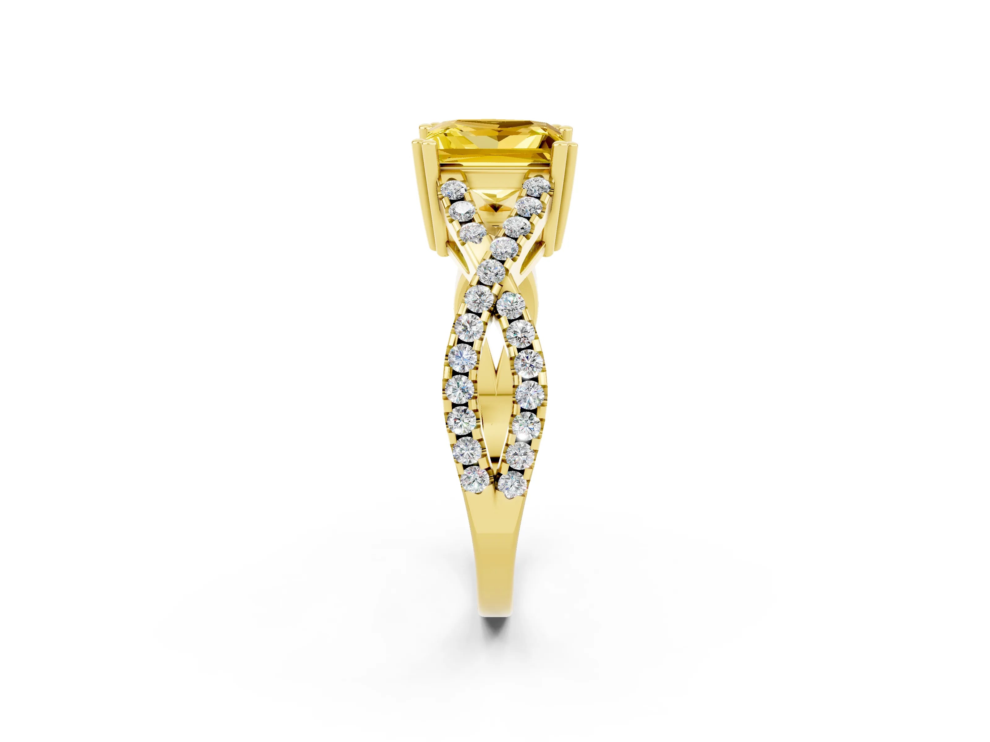 Yellow gold Princess Cut Yellow Sapphire Solitaire Ring with Four-Prong Setting and Twisted Pavé Band_14