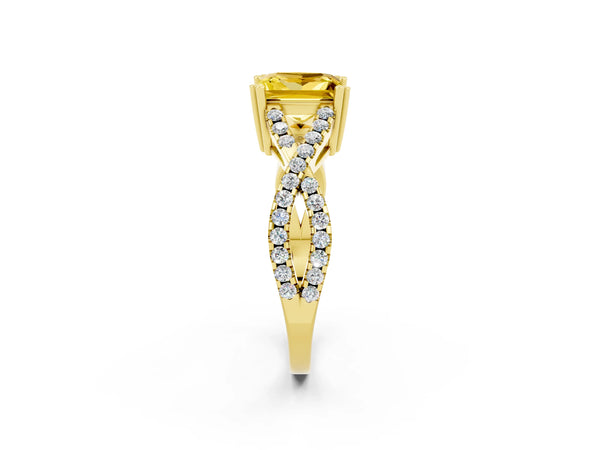 Yellow gold Princess Cut Yellow Sapphire Solitaire Ring with Four-Prong Setting and Twisted Pavé Band