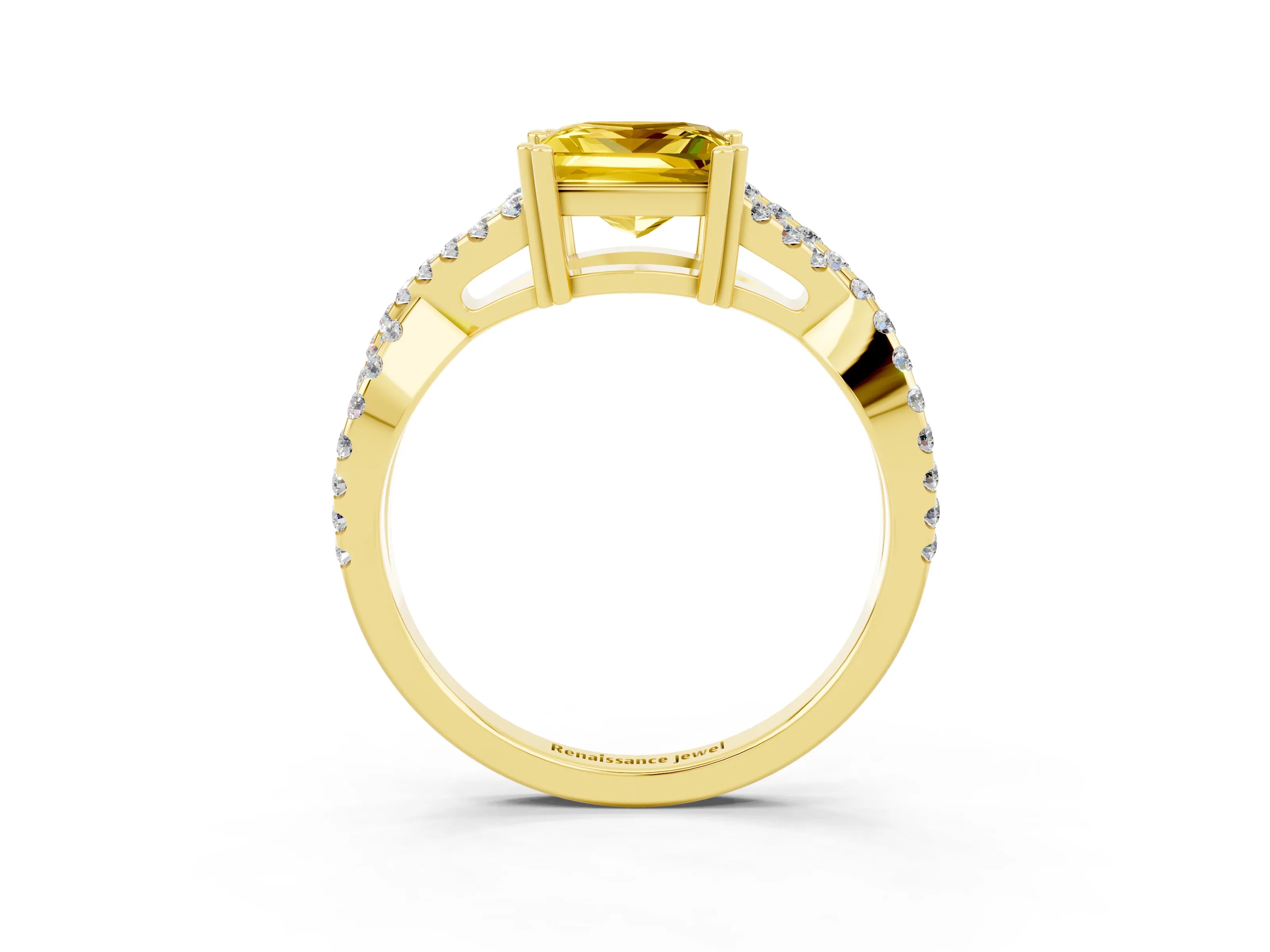 Yellow gold Princess Cut Yellow Sapphire Solitaire Ring with Four-Prong Setting and Twisted Pavé Band_15