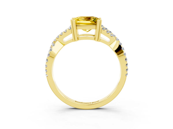 Yellow gold Princess Cut Yellow Sapphire Solitaire Ring with Four-Prong Setting and Twisted Pavé Band