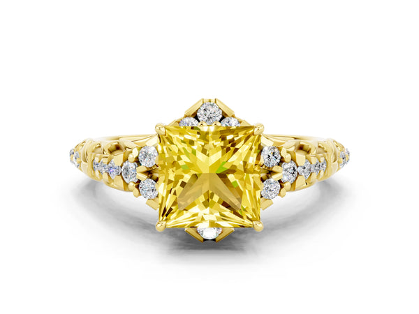 Yellow gold Princess Cut Yellow Sapphire Solitaire Ring with Hidden Halo and Pavé Band