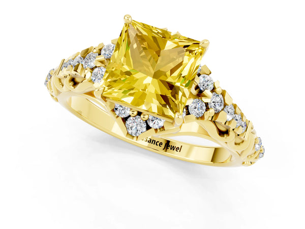 Yellow gold Princess Cut Yellow Sapphire Solitaire Ring with Hidden Halo and Pavé Band