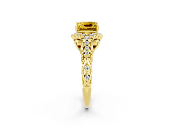 Yellow gold Princess Cut Yellow Sapphire Solitaire Ring with Hidden Halo and Pavé Band