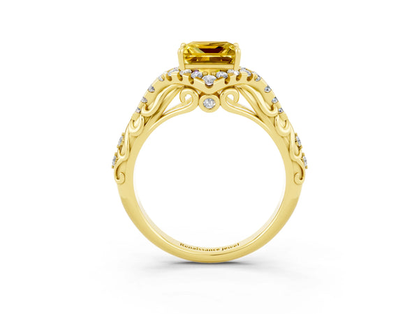 Yellow gold Princess Cut Yellow Sapphire Solitaire Ring with Hidden Halo and Pavé Band