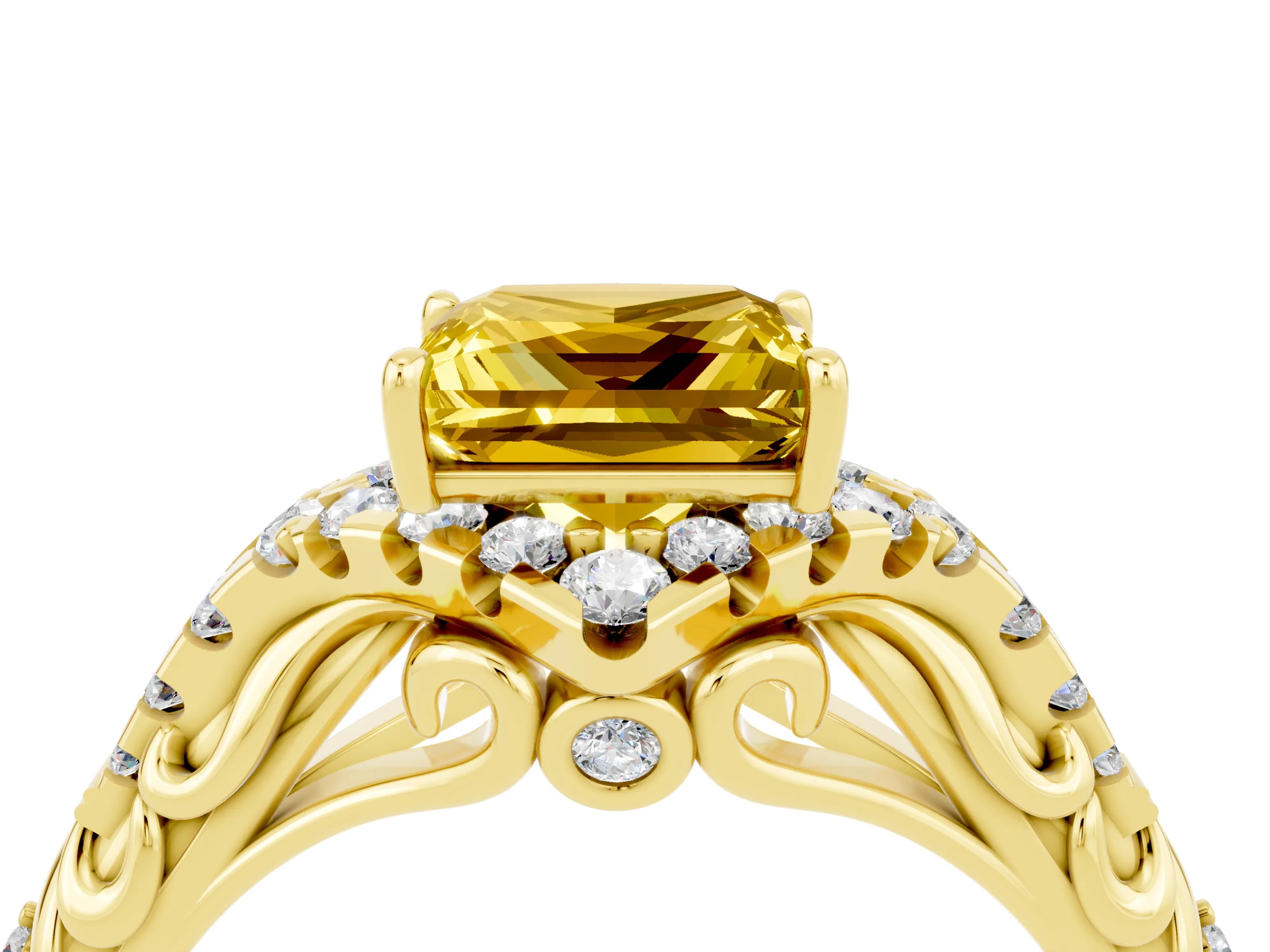 Yellow gold Princess Cut Yellow Sapphire Solitaire Ring with Hidden Halo and Pavé Band_16