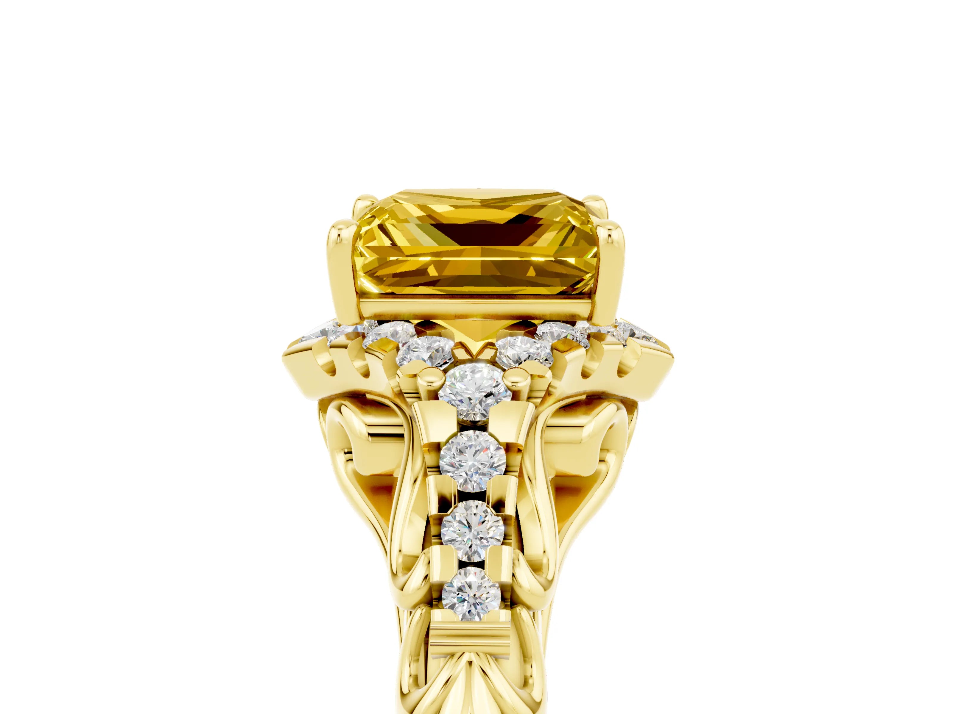 Yellow gold Princess Cut Yellow Sapphire Solitaire Ring with Hidden Halo and Pavé Band_17