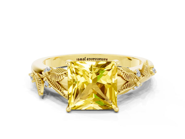 Yellow gold Princess Cut Yellow Sapphire Solitaire Ring with Leaf Motif Band and Four-Prong Setting
