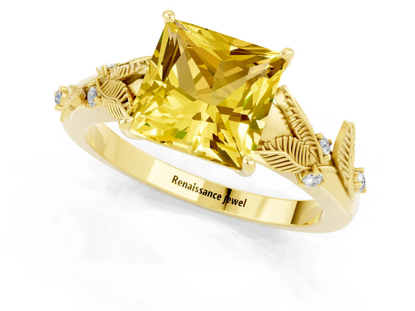 Yellow gold Princess Cut Yellow Sapphire Solitaire Ring with Leaf Motif Band and Four-Prong Setting