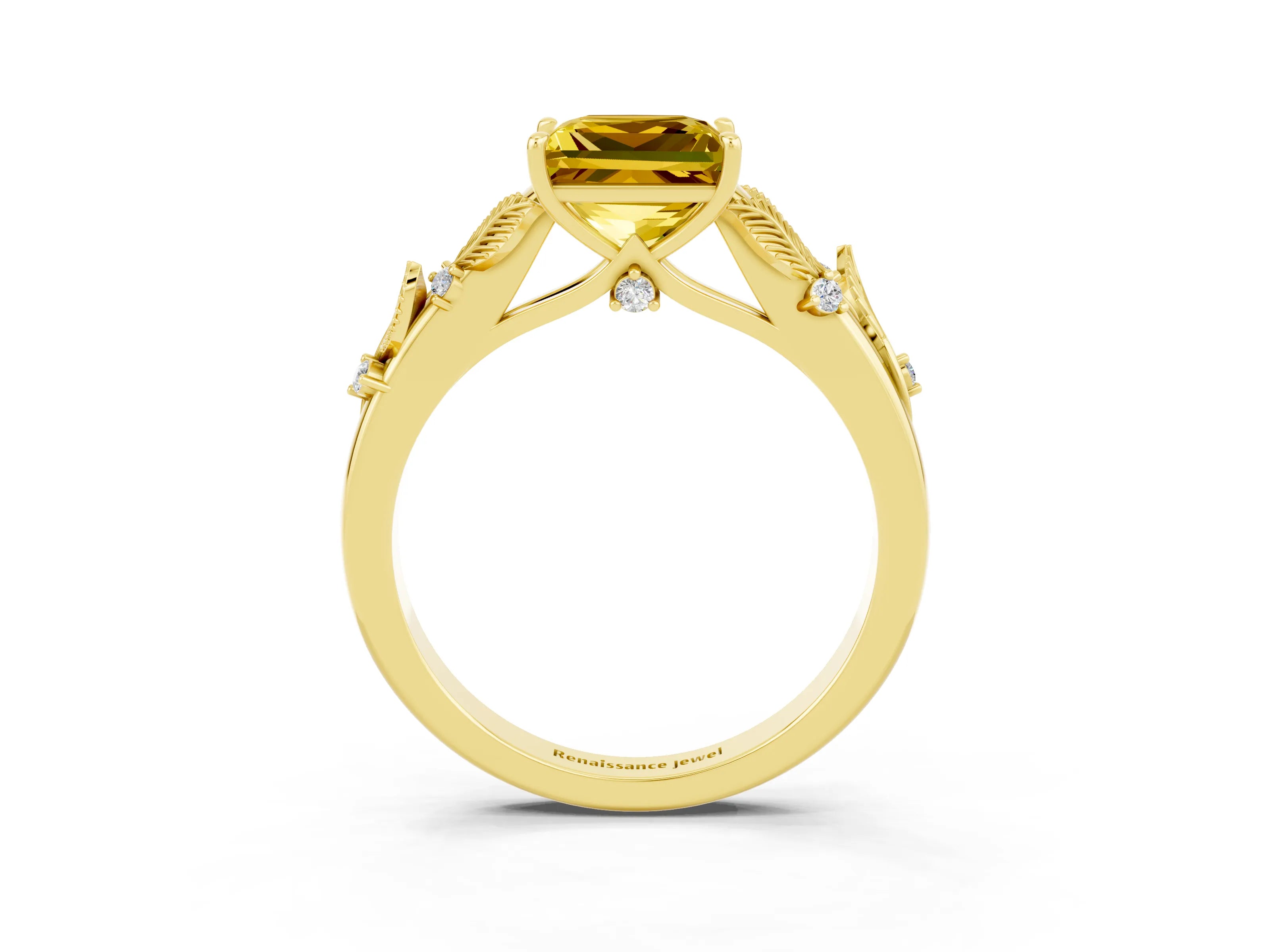 Yellow gold Princess Cut Yellow Sapphire Solitaire Ring with Leaf Motif Band and Four-Prong Setting_3
