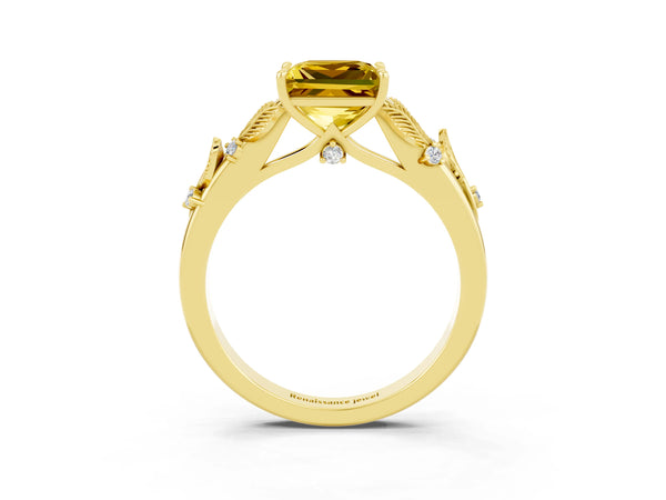 Yellow gold Princess Cut Yellow Sapphire Solitaire Ring with Leaf Motif Band and Four-Prong Setting