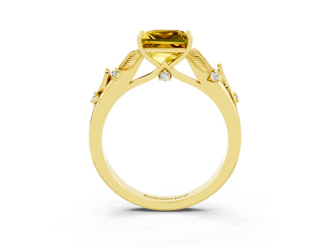 Yellow gold Princess Cut Yellow Sapphire Solitaire Ring with Leaf Motif Band and Four-Prong Setting_3