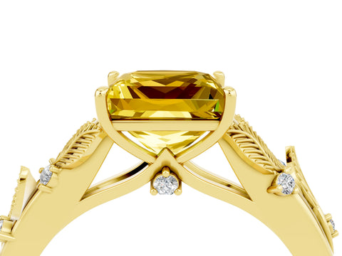 Yellow gold Princess Cut Yellow Sapphire Solitaire Ring with Leaf Motif Band and Four-Prong Setting_4