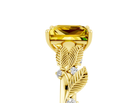 Yellow gold Princess Cut Yellow Sapphire Solitaire Ring with Leaf Motif Band and Four-Prong Setting_5