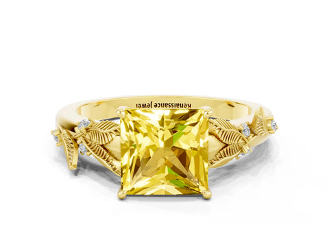 Yellow gold Princess Cut Yellow Sapphire Solitaire Ring with Leaf Motif Band and Four-Prong Setting