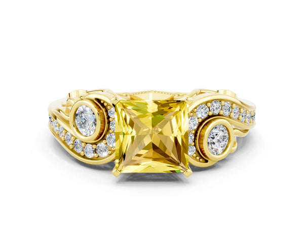 Yellow gold Princess Cut Yellow Sapphire Solitaire Ring with Milgrain Pavé Band and Four-Prong Setting