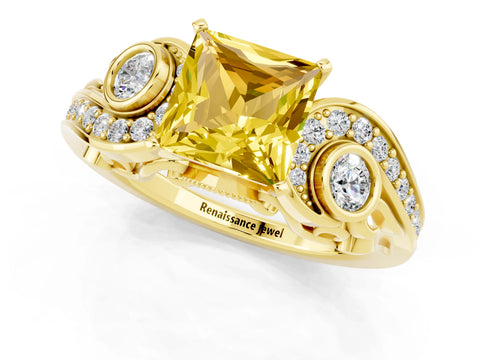 Yellow gold Princess Cut Yellow Sapphire Solitaire Ring with Milgrain Pavé Band and Four-Prong Setting_25