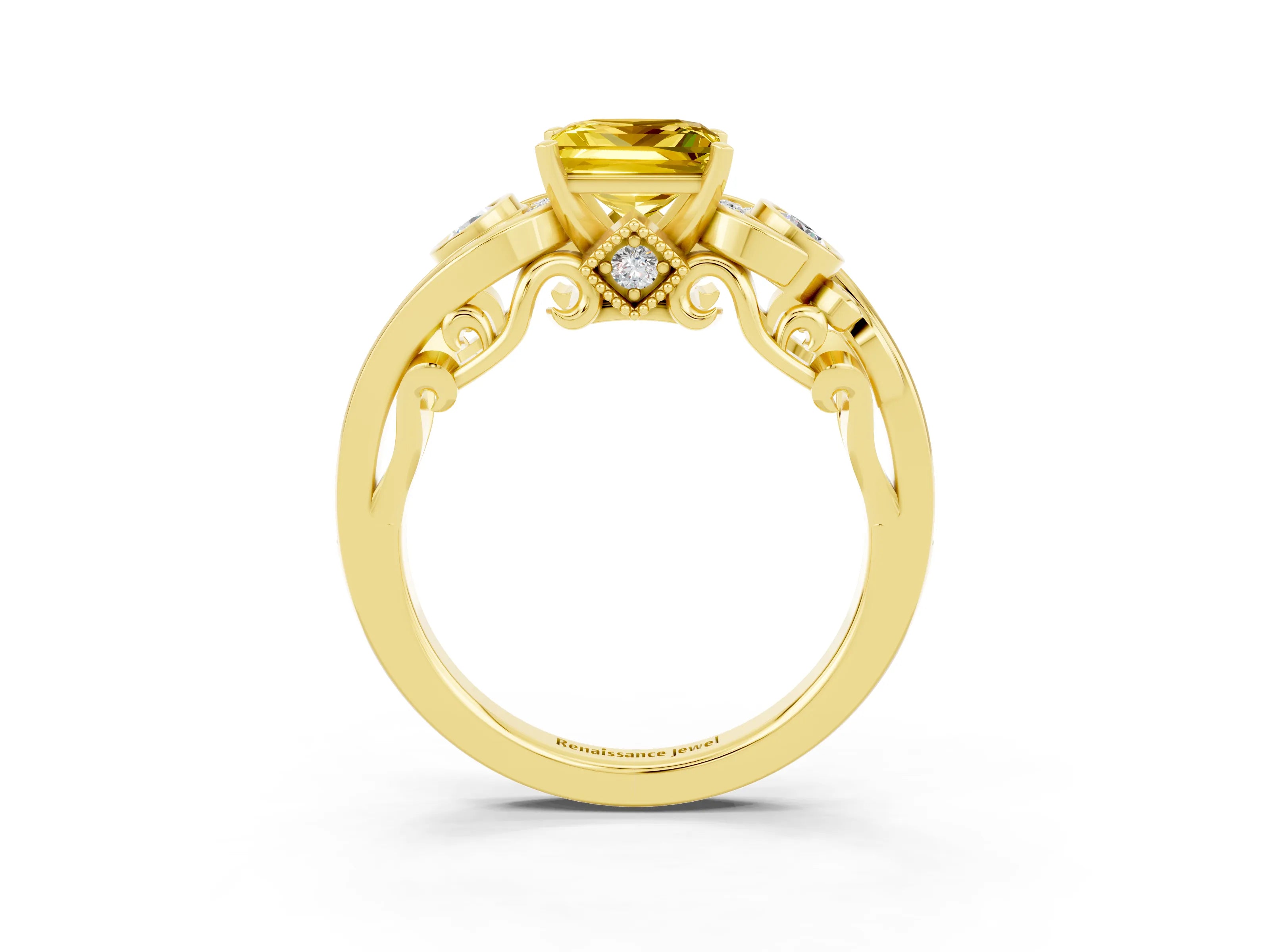 Yellow gold Princess Cut Yellow Sapphire Solitaire Ring with Milgrain Pavé Band and Four-Prong Setting_27