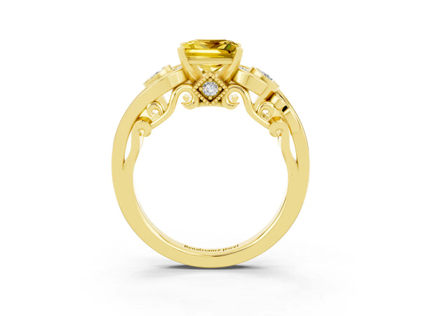 Yellow gold Princess Cut Yellow Sapphire Solitaire Ring with Milgrain Pavé Band and Four-Prong Setting