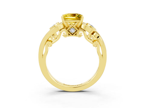 Yellow gold Princess Cut Yellow Sapphire Solitaire Ring with Milgrain Pavé Band and Four-Prong Setting_27