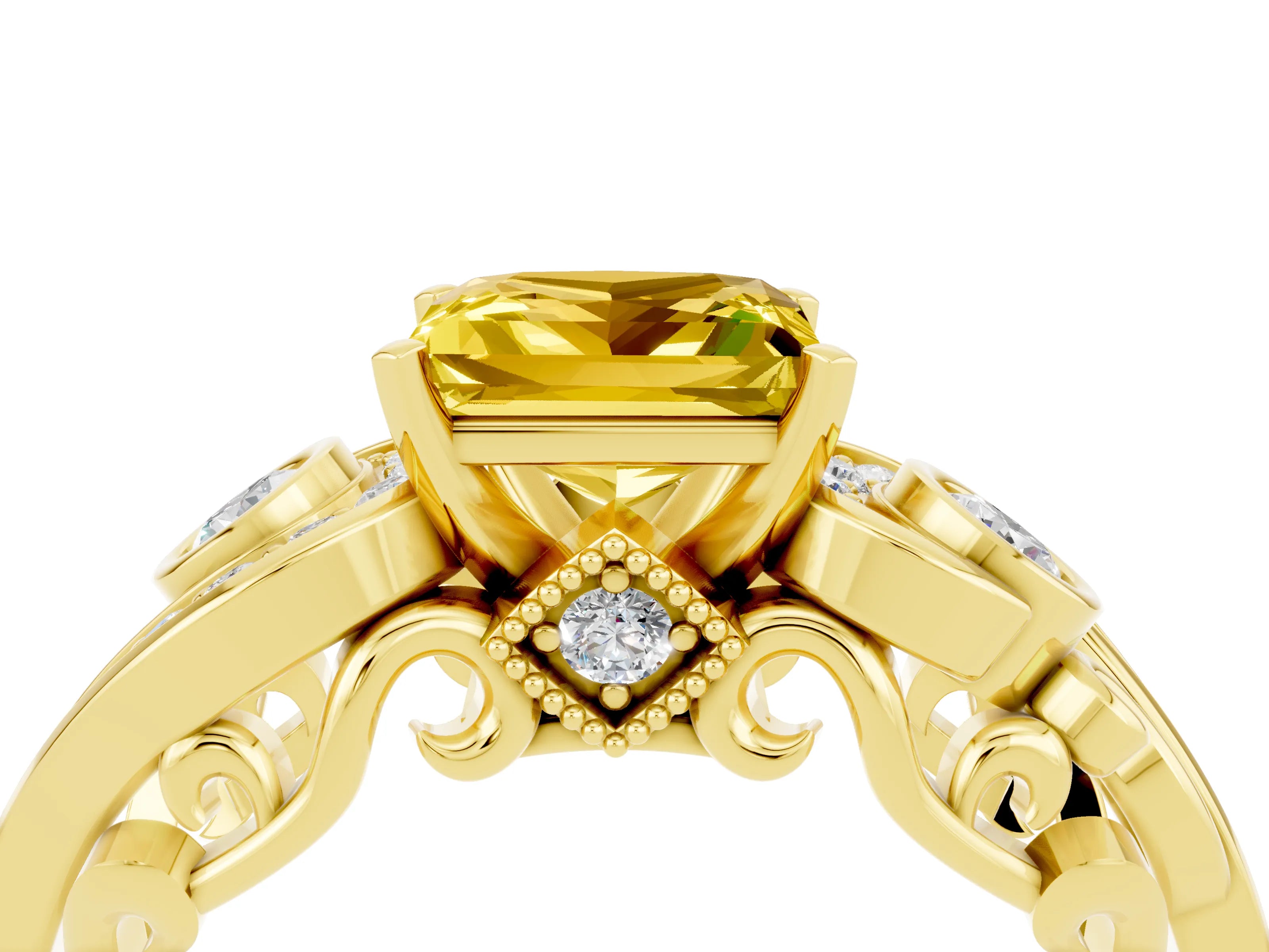 Yellow gold Princess Cut Yellow Sapphire Solitaire Ring with Milgrain Pavé Band and Four-Prong Setting_28