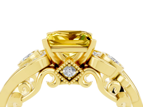 Yellow gold Princess Cut Yellow Sapphire Solitaire Ring with Milgrain Pavé Band and Four-Prong Setting_28