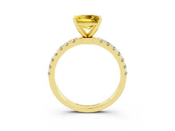 Yellow gold Princess Cut Yellow Sapphire Solitaire Ring with Pavé Accents and Four-Prong Setting