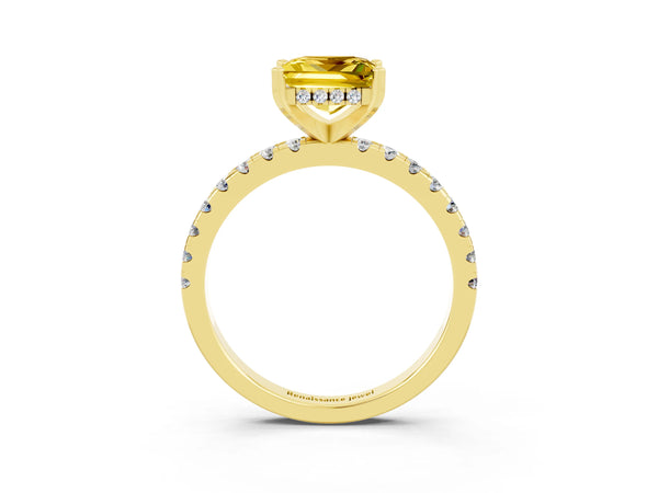 Yellow gold Princess Cut Yellow Sapphire Solitaire Ring with Round  Pavé Band and Four-Prong Setting