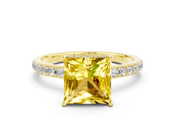 Yellow gold Princess Cut Yellow Sapphire Solitaire Ring with Pavé Band and Hidden Halo