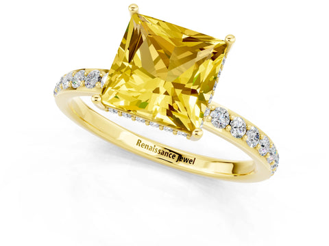 Yellow gold Princess Cut Yellow Sapphire Solitaire Ring with Pavé Band and Hidden Halo_13