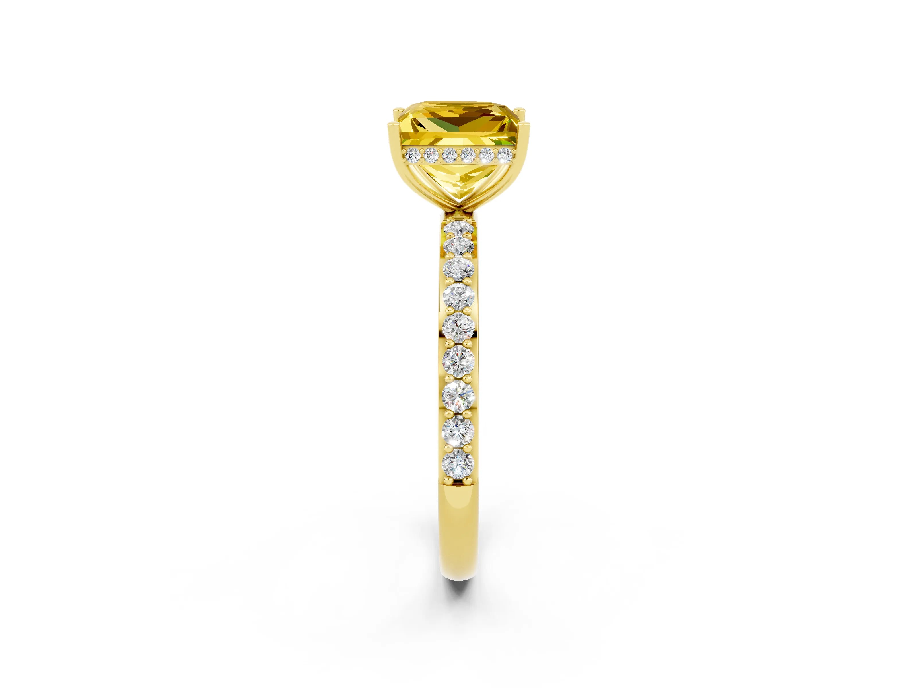 Yellow gold Princess Cut Yellow Sapphire Solitaire Ring with Pavé Band and Hidden Halo_14