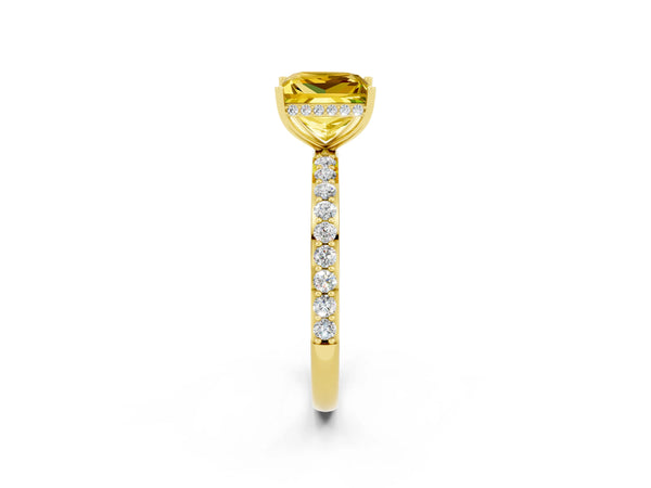 Yellow gold Princess Cut Yellow Sapphire Solitaire Ring with Pavé Band and Hidden Halo