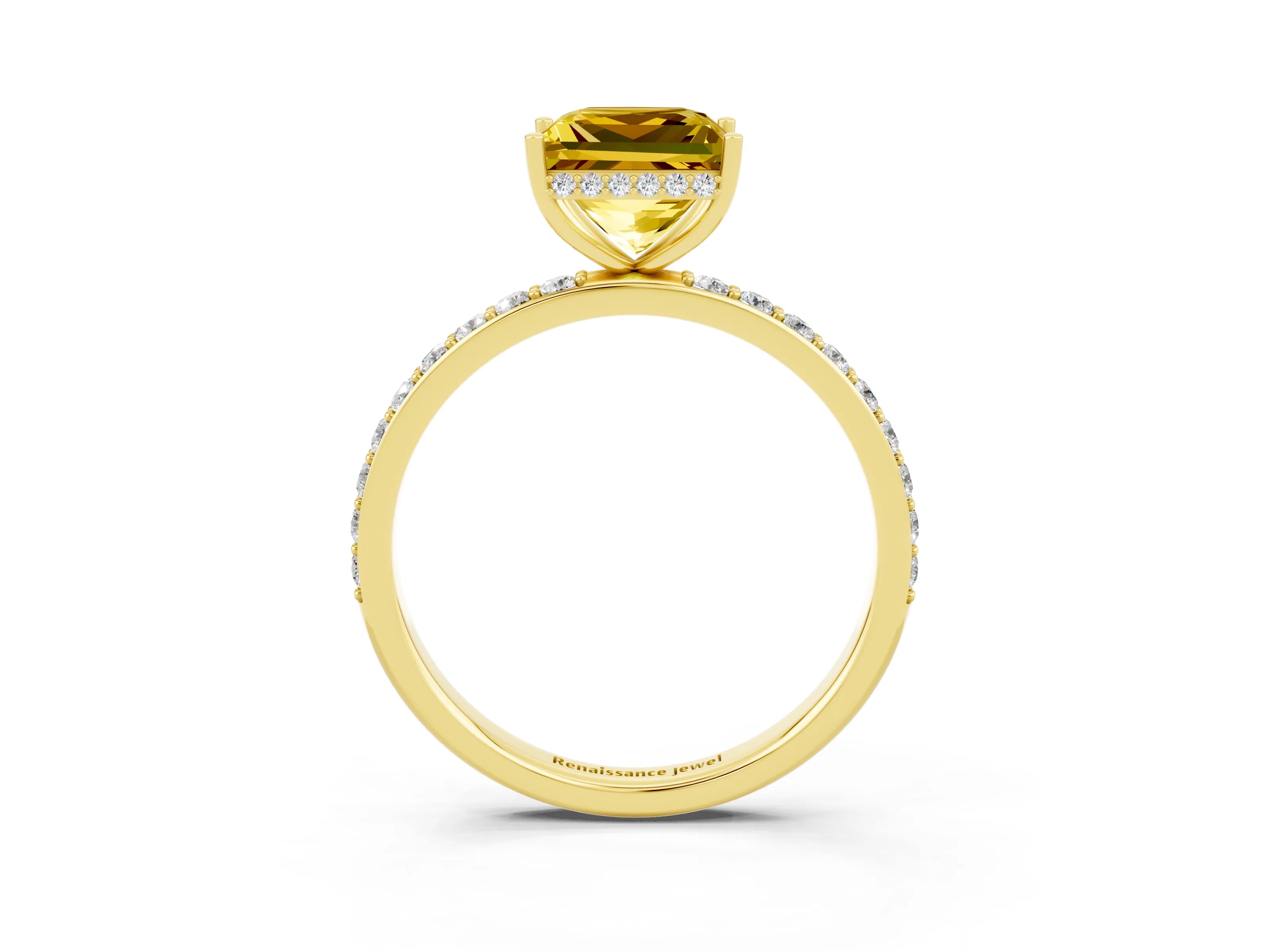 Yellow gold Princess Cut Yellow Sapphire Solitaire Ring with Pavé Band and Hidden Halo_15