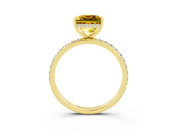 Yellow gold Princess Cut Yellow Sapphire Solitaire Ring with Pavé Band and Hidden Halo