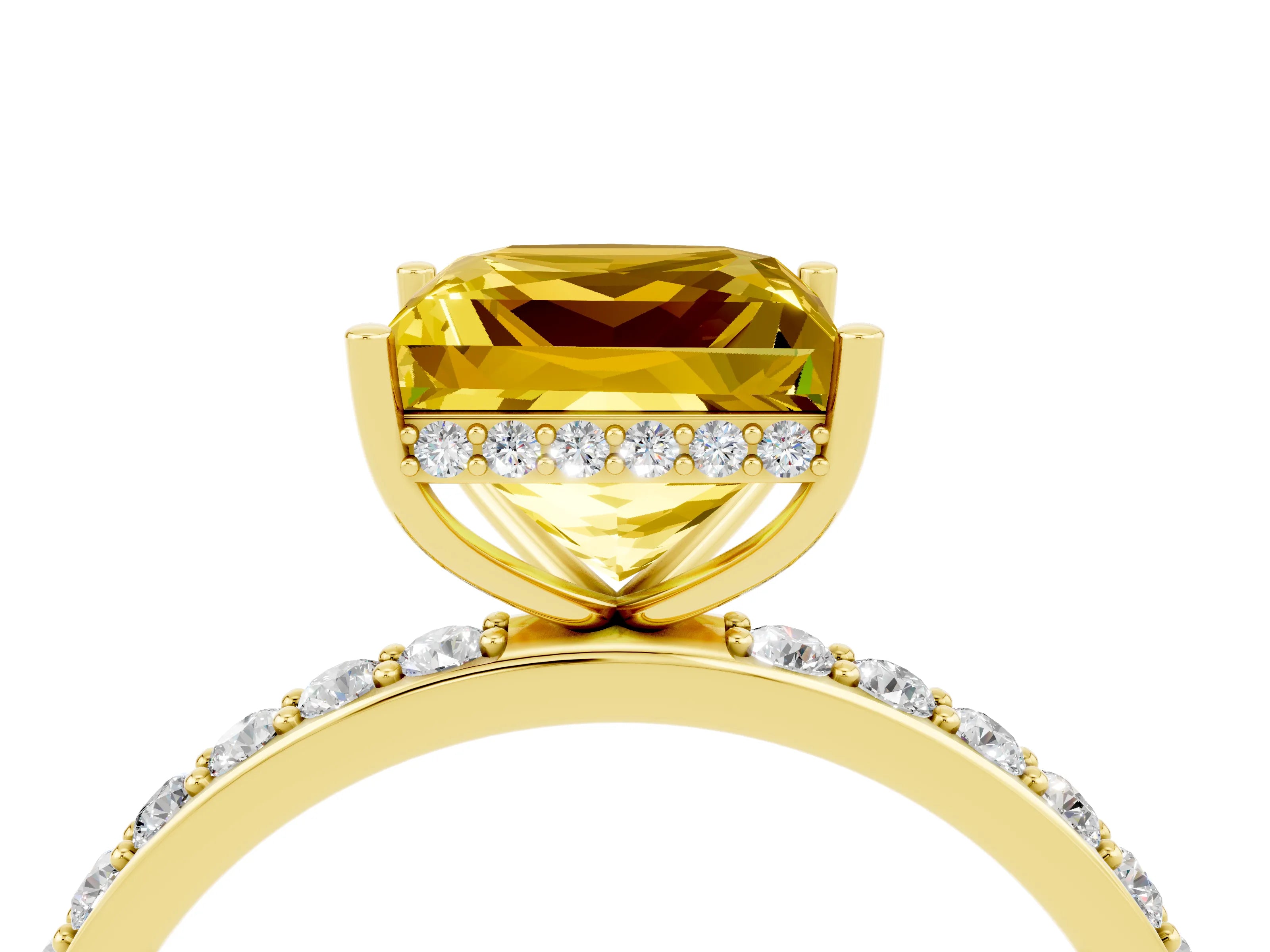 Yellow gold Princess Cut Yellow Sapphire Solitaire Ring with Pavé Band and Hidden Halo_16
