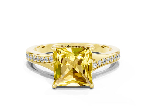 Yellow gold Princess Cut Yellow Sapphire Solitaire Ring with Pavé Band and Prong Setting_12